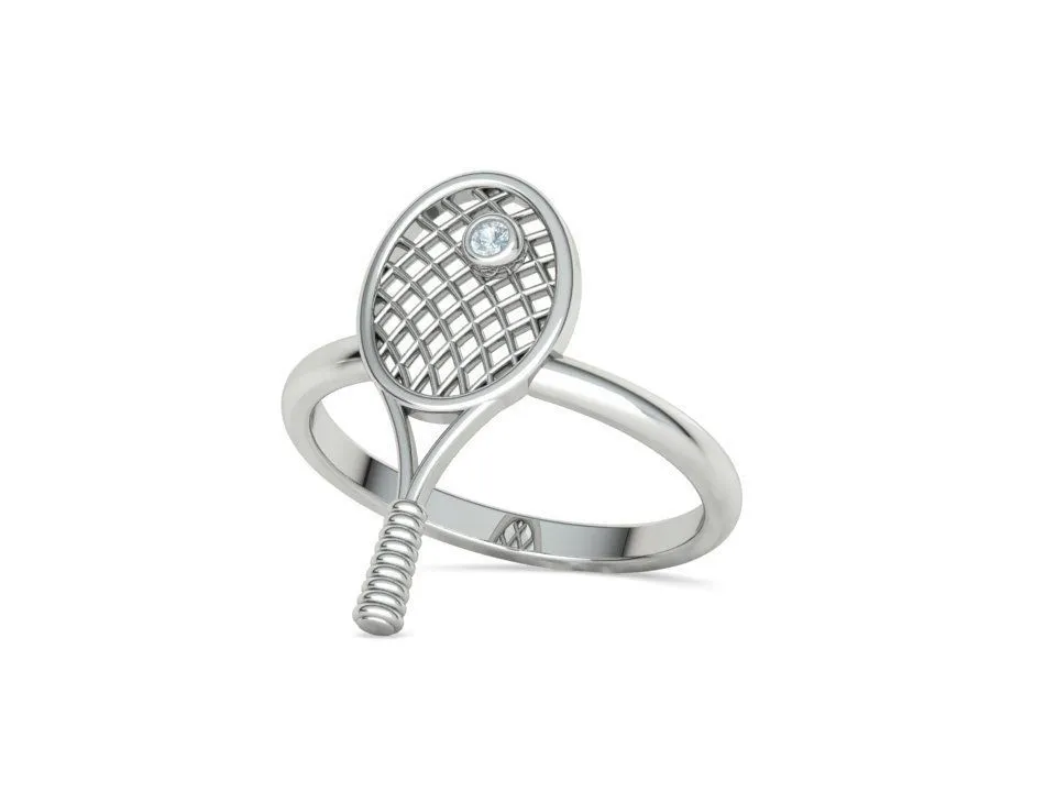 WR-026-Tennis Racket Ring-3 High-polished Tennis Racket Ring with an intricate tennis racket design, symbolizing sporty elegance and sophistication, perfect for any occasion.