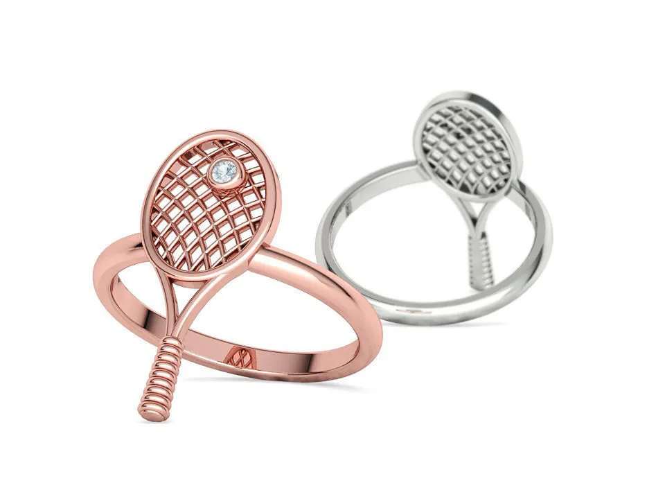 WR-026-Tennis Racket Ring-4 High-polished Tennis Racket Ring with an intricate tennis racket design, symbolizing sporty elegance and sophistication, perfect for any occasion.