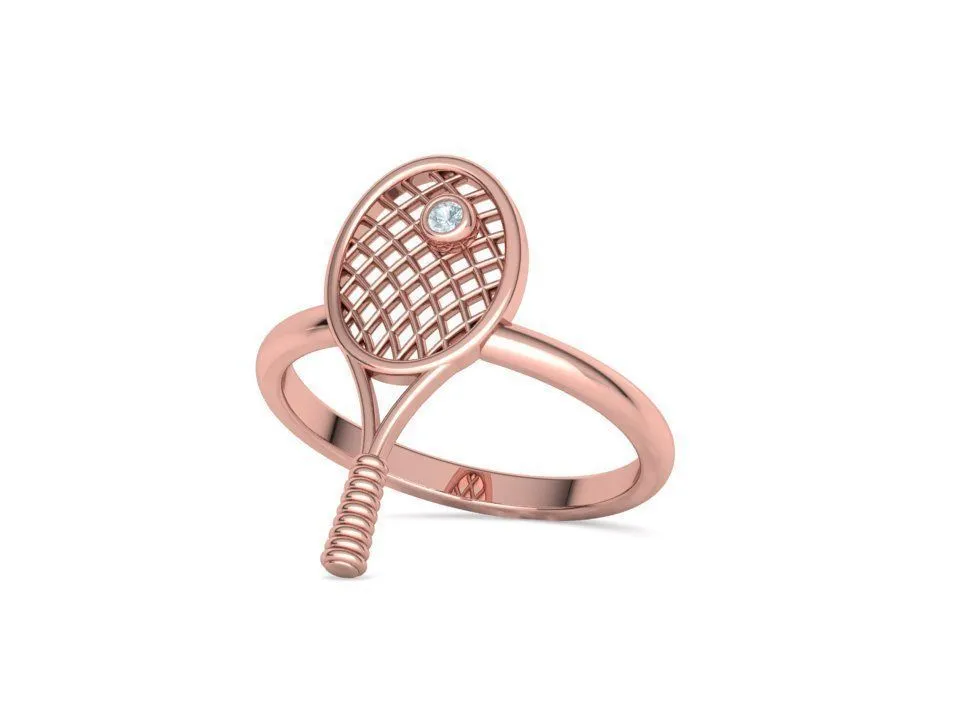WR-026-Tennis Racket Ring-5 High-polished Tennis Racket Ring with an intricate tennis racket design, symbolizing sporty elegance and sophistication, perfect for any occasion.
