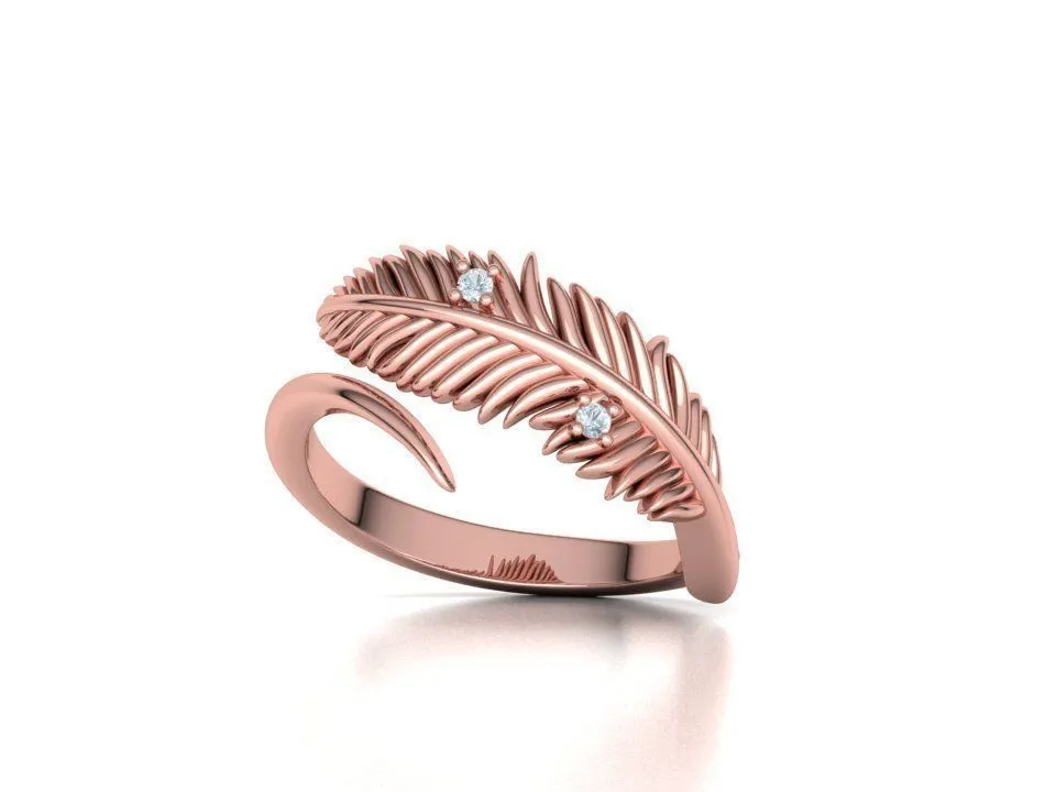 High-polished Feather Diamond Ring with an intricate feather design adorned with diamonds, symbolizing grace and elegance, perfect for any occasion.