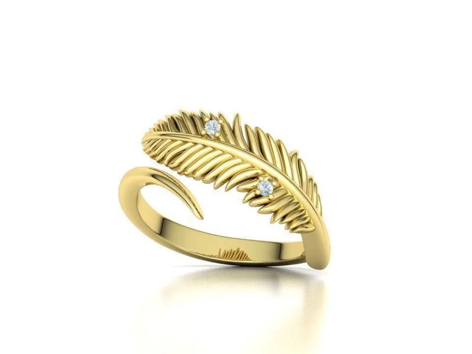 High-polished Feather Diamond Ring with an intricate feather design adorned with diamonds, symbolizing grace and elegance, perfect for any occasion.