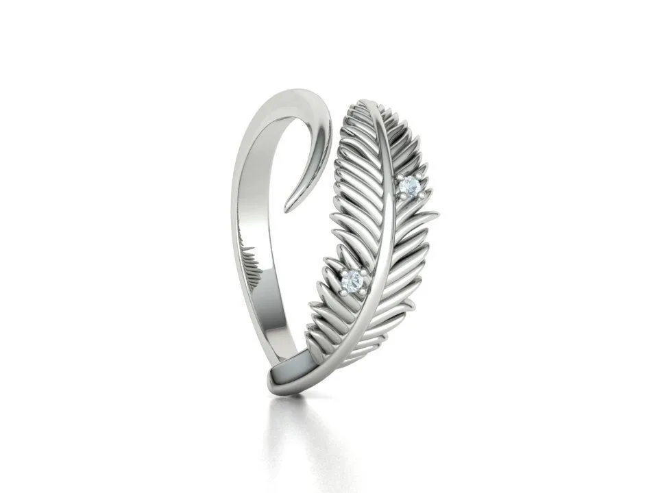 High-polished Feather Diamond Ring with an intricate feather design adorned with diamonds, symbolizing grace and elegance, perfect for any occasion.