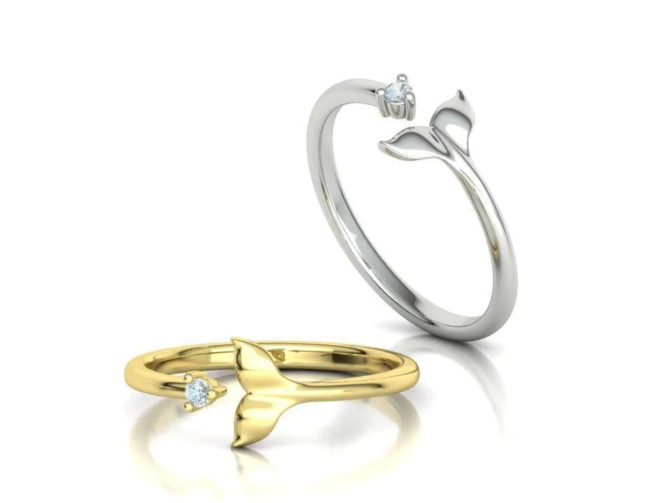 WR-030-Dolphin Diamond Tail Ring-1 High-polished Dolphin Diamond Tail Ring with an intricate dolphin tail design adorned with diamonds, symbolizing elegance and playfulness, perfect for any occasion.