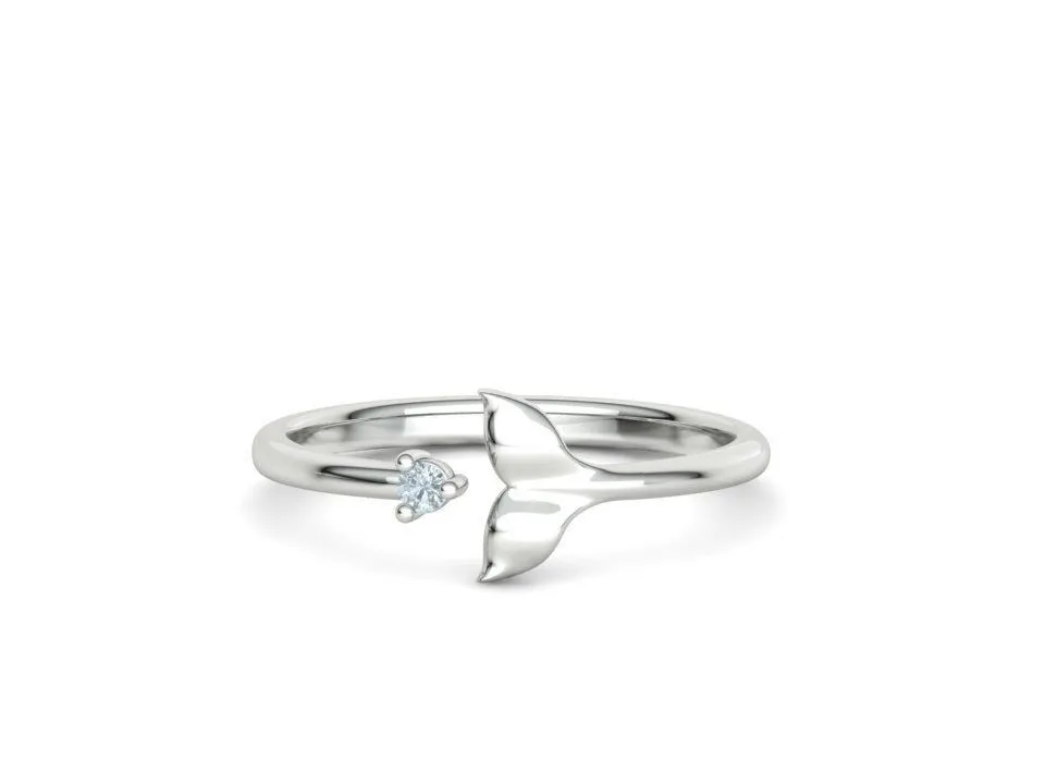 WR-030-Dolphin Diamond Tail Ring-7 High-polished Dolphin Diamond Tail Ring with an intricate dolphin tail design adorned with diamonds, symbolizing elegance and playfulness, perfect for any occasion.