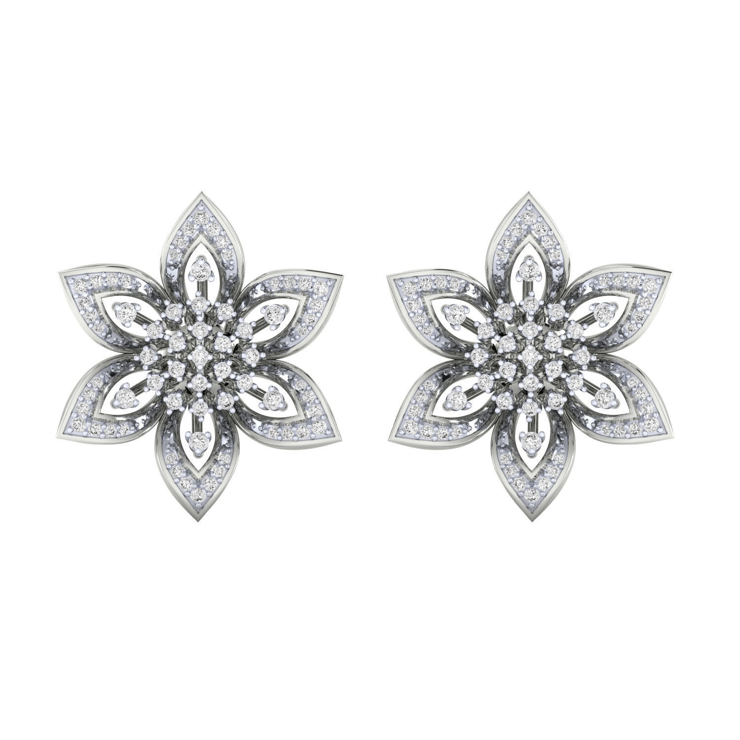 Sparkling Floral Stud Earrings with intricate silver design and shimmering details.