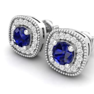 Royal Blue Stud Earrings with dazzling blue center stone and sparkling halo design in Silver 925