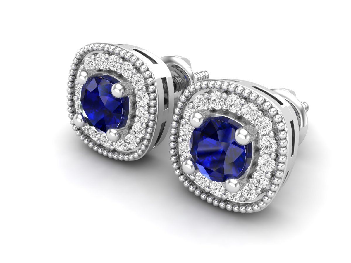 HFS-E052 (11) Royal Blue Stud Earrings with dazzling blue center stone and sparkling halo design in Silver 925
