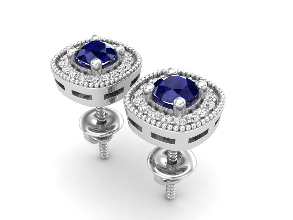 HFS-E052 (2) Royal Blue Stud Earrings with dazzling blue center stone and sparkling halo design in Silver 925
