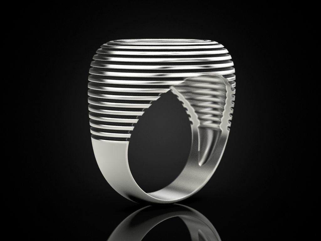 Silver ring with spiral black and white design