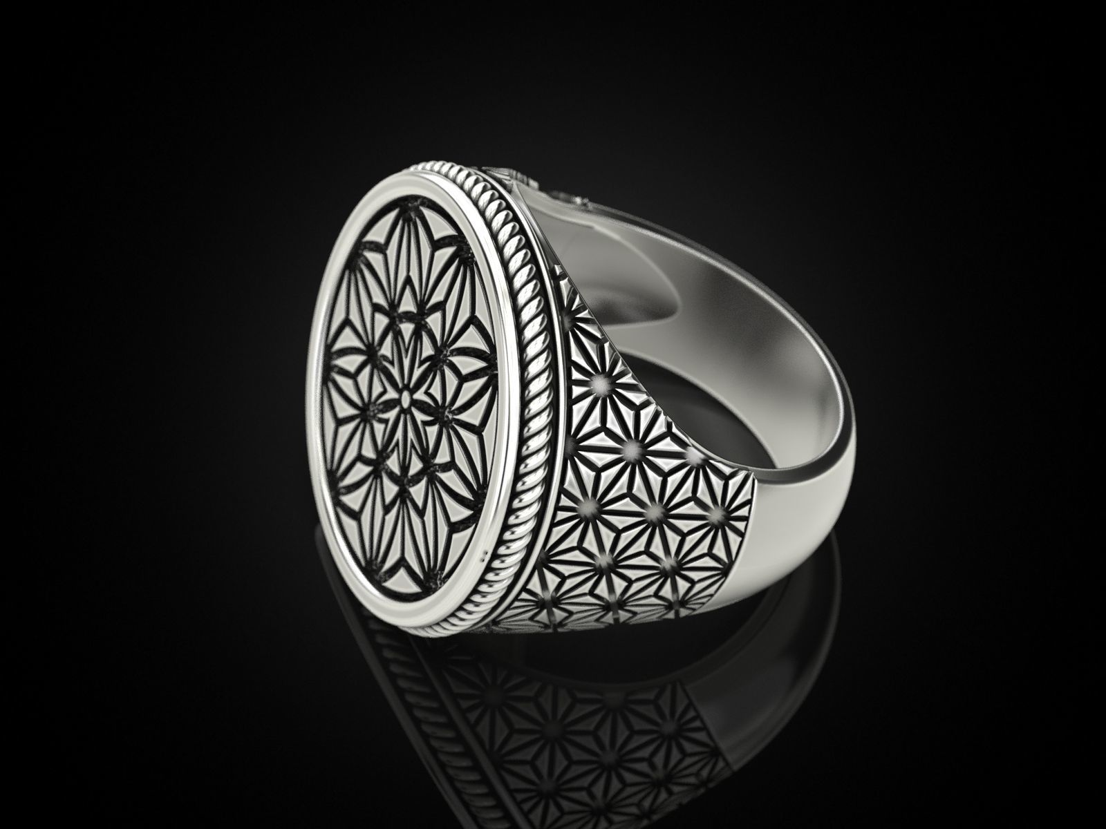 Intricate Geometric Silver Ring with detailed patterns, crafted from high-quality silver for a sophisticated look.
