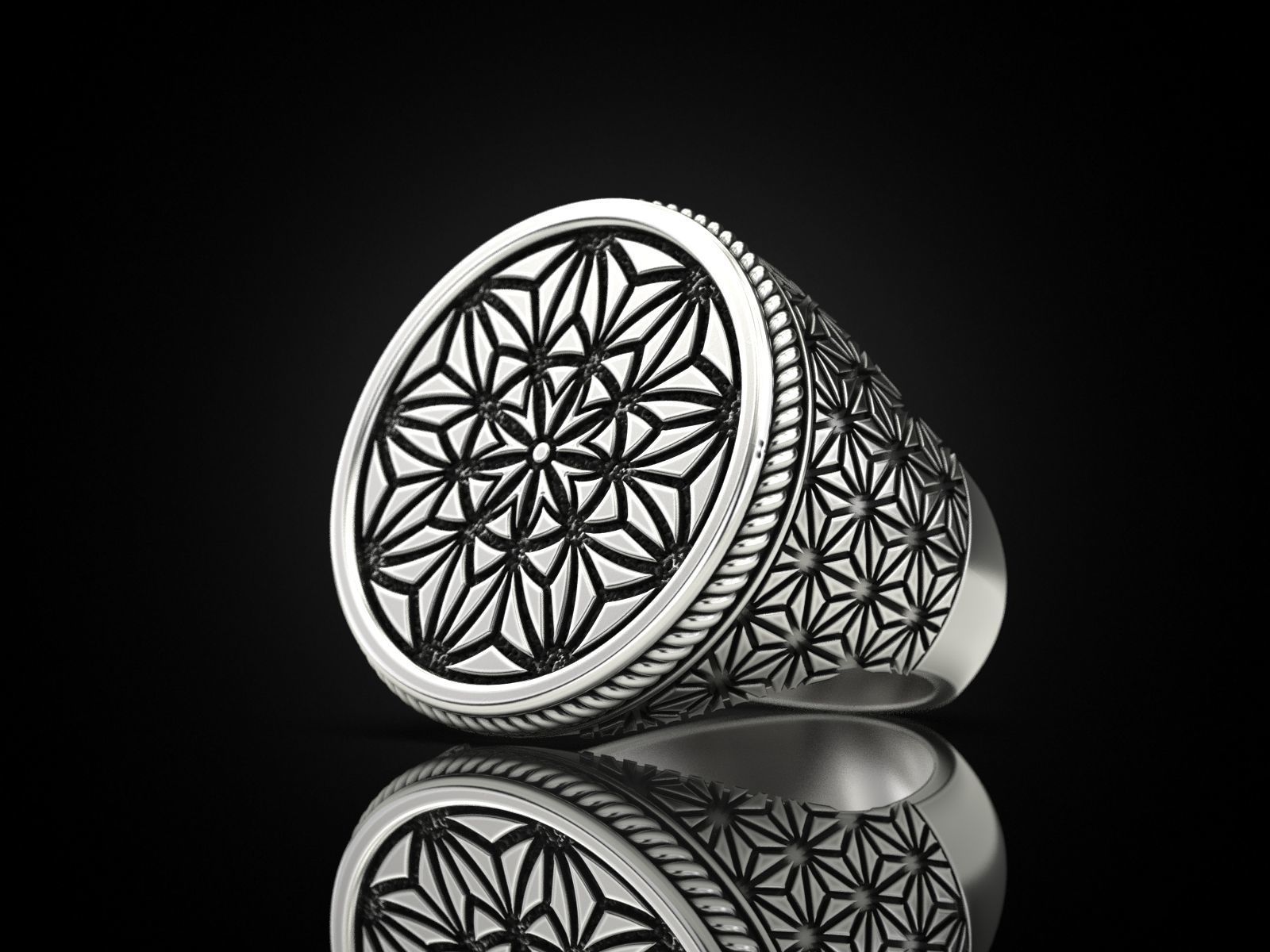Intricate Geometric Silver Ring with detailed patterns, crafted from high-quality silver for a sophisticated look.