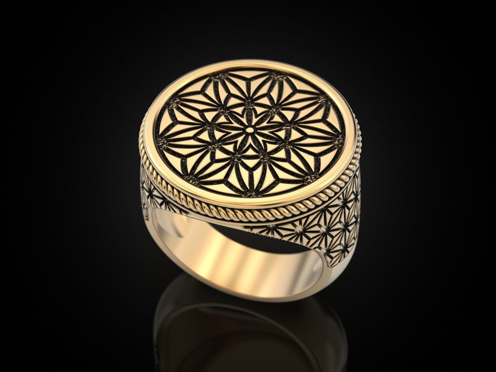 Intricate Geometric Silver Ring with detailed patterns, crafted from high-quality silver for a sophisticated look.