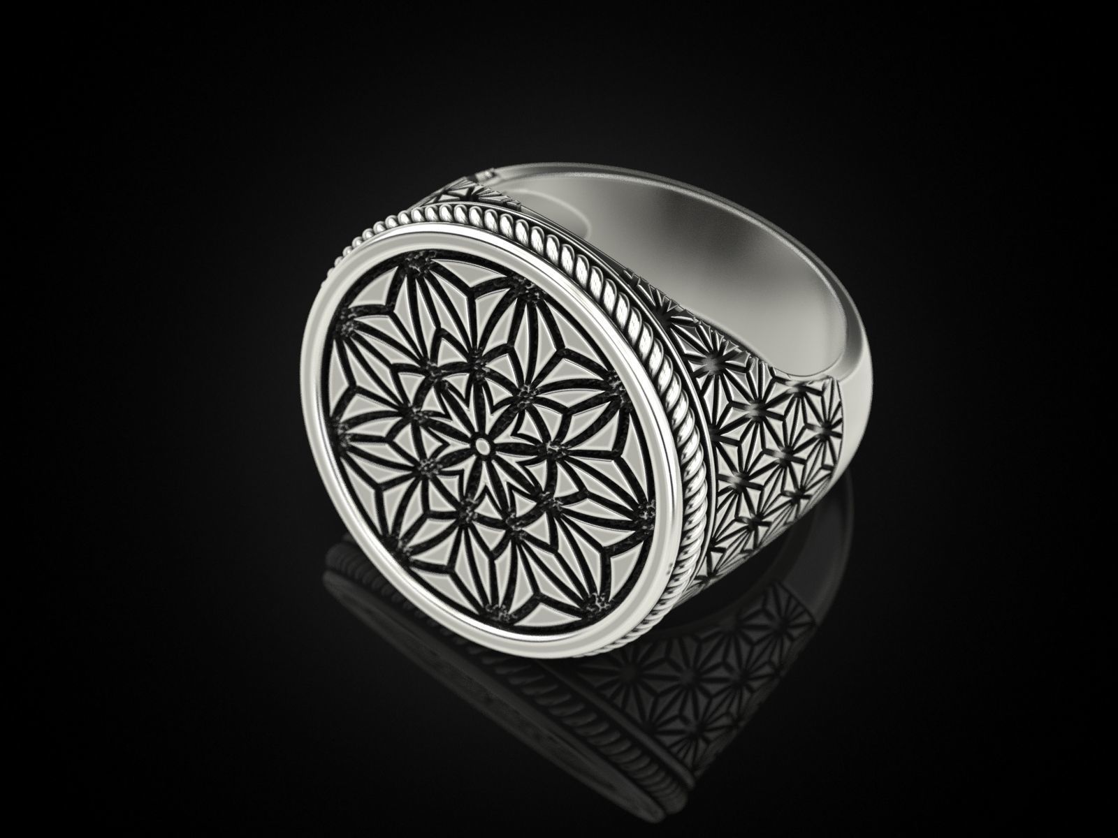 Intricate Geometric Silver Ring with detailed patterns, crafted from high-quality silver for a sophisticated look.