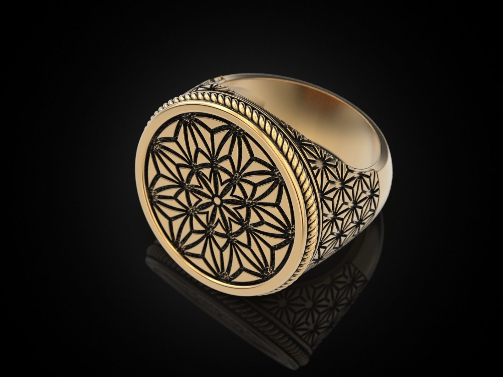 Intricate Geometric Silver Ring with detailed patterns, crafted from high-quality silver for a sophisticated look.