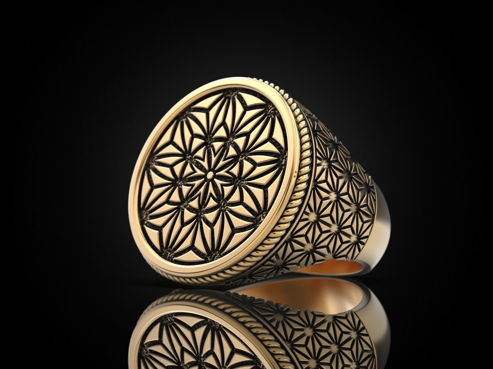 Intricate Geometric Silver Ring with detailed patterns, crafted from high-quality silver for a sophisticated look.