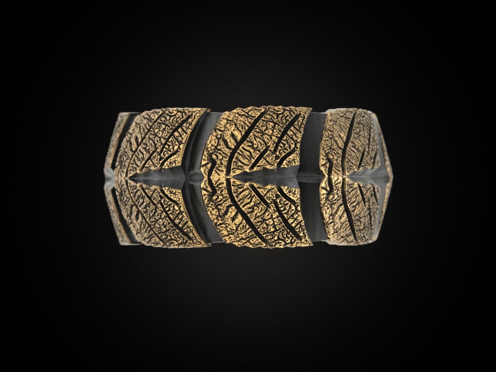 A beautifully crafted silver ring with an intricate leaf design.