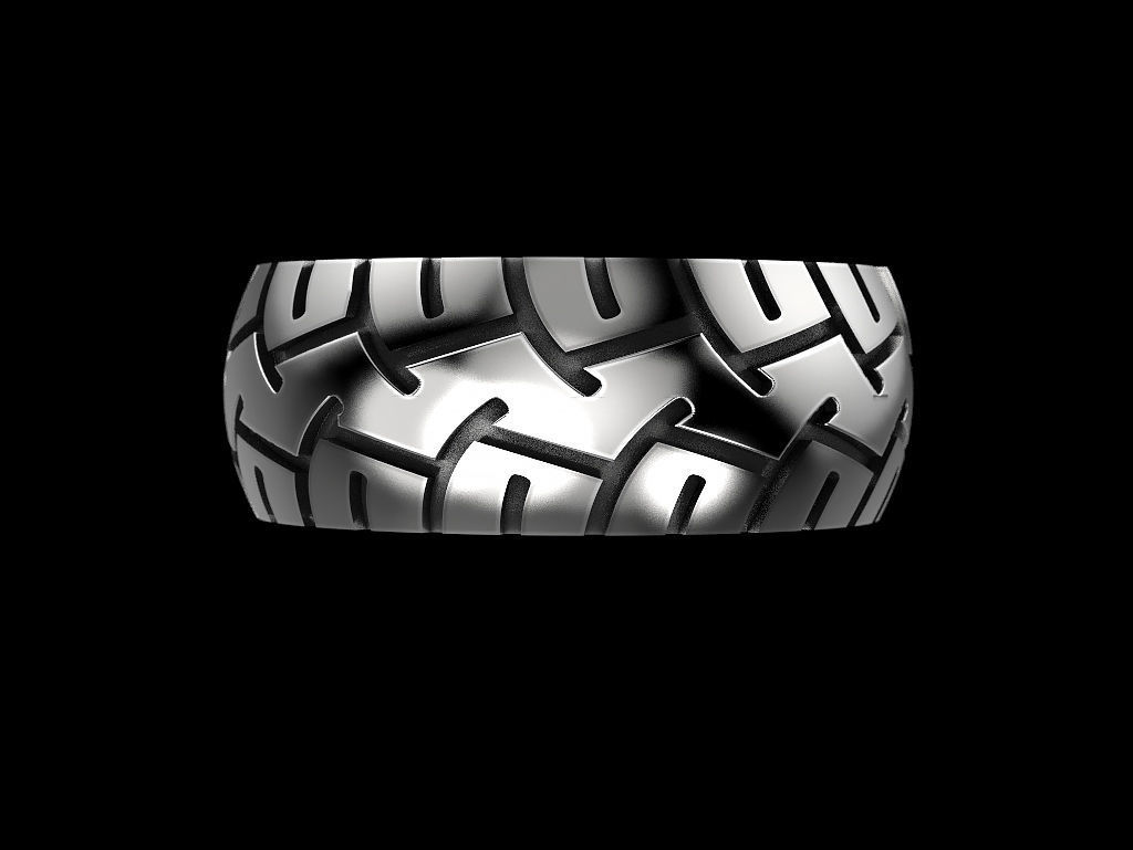 Silver ring with tire tread design for car enthusiasts