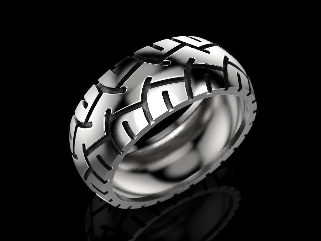 Silver ring with tire tread design for car enthusiasts