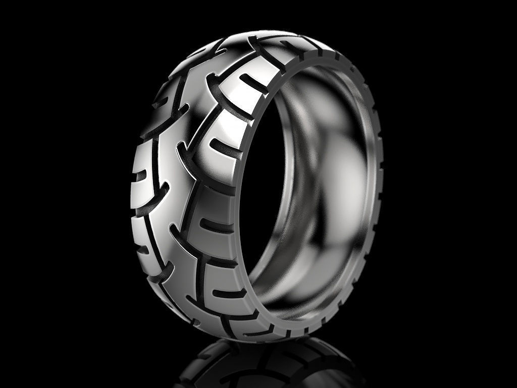 Silver ring with tire tread design for car enthusiasts
