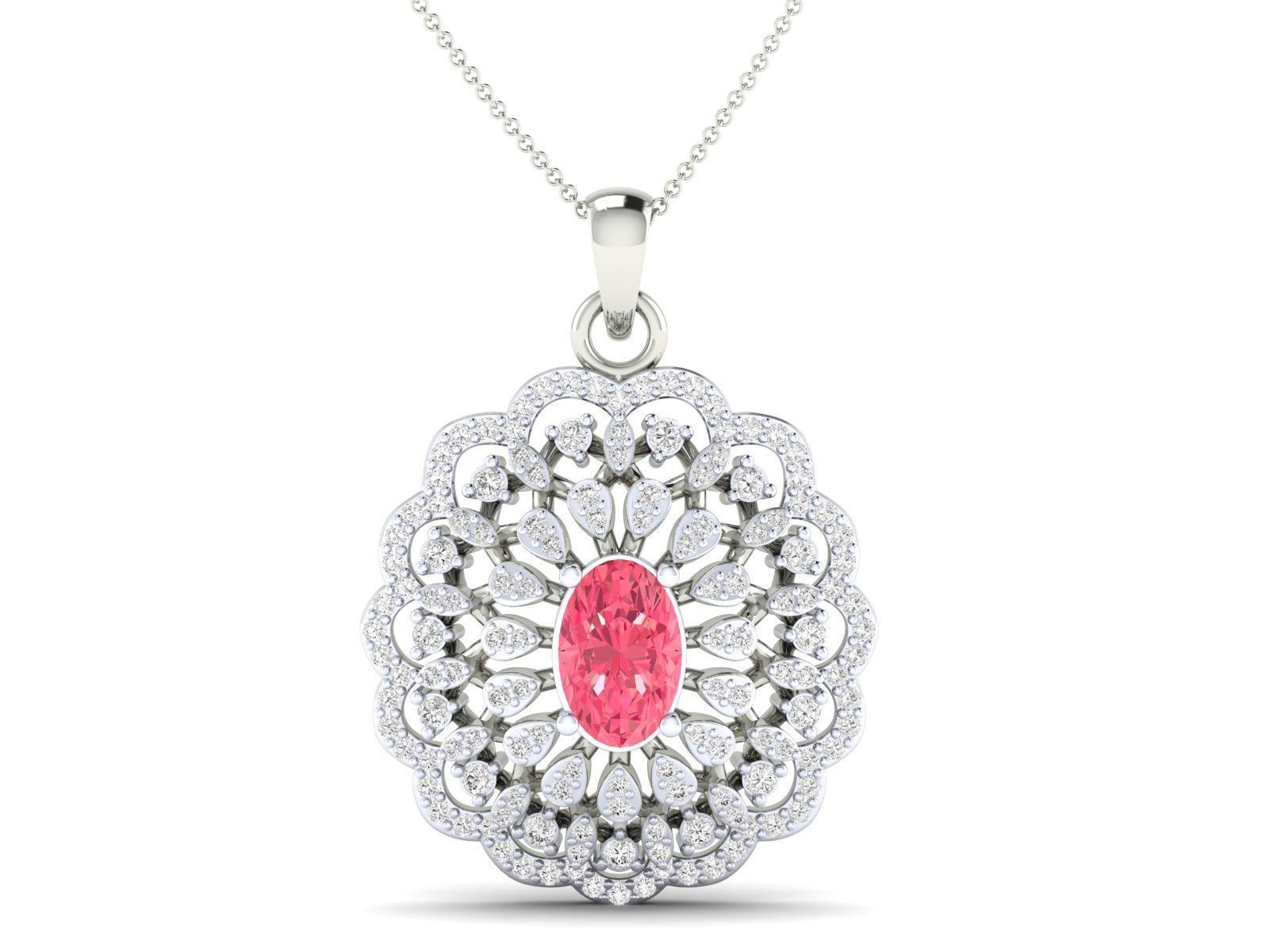 A silver necklace featuring a delicate pink gemstone in a petal design.