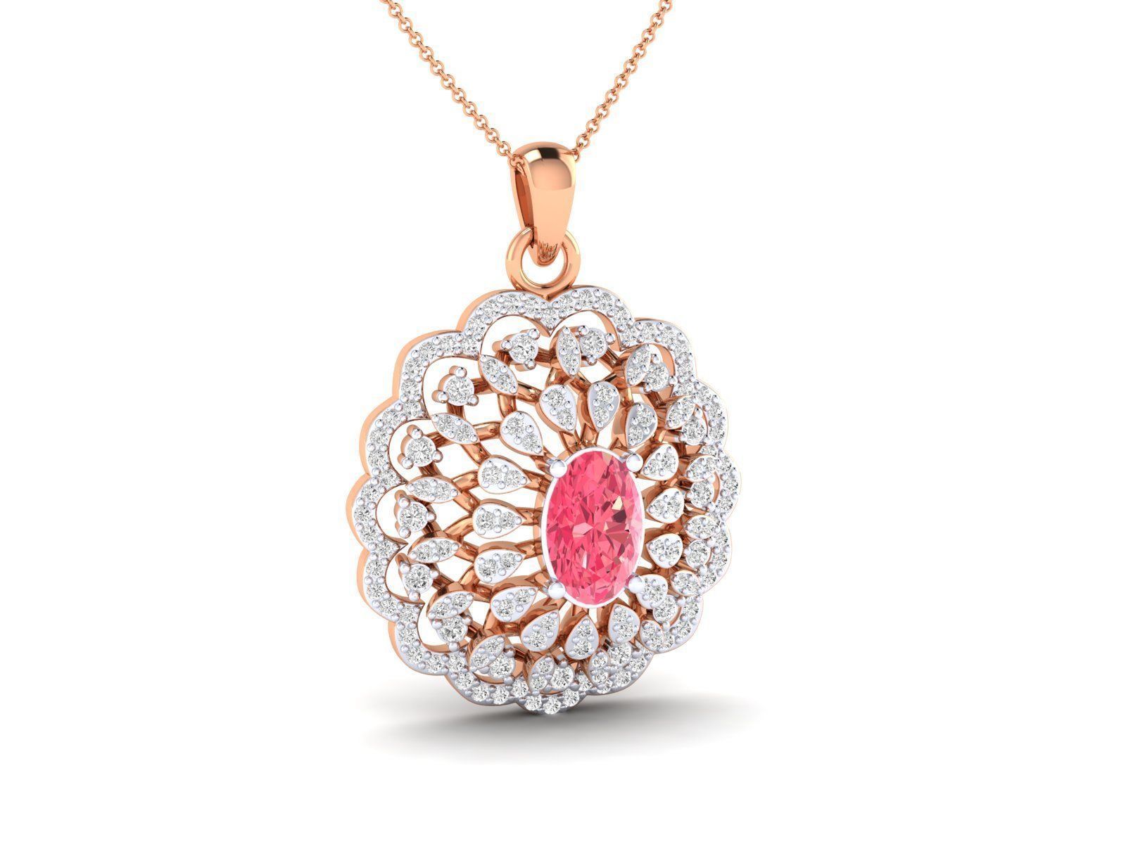 A silver necklace featuring a delicate pink gemstone in a petal design.