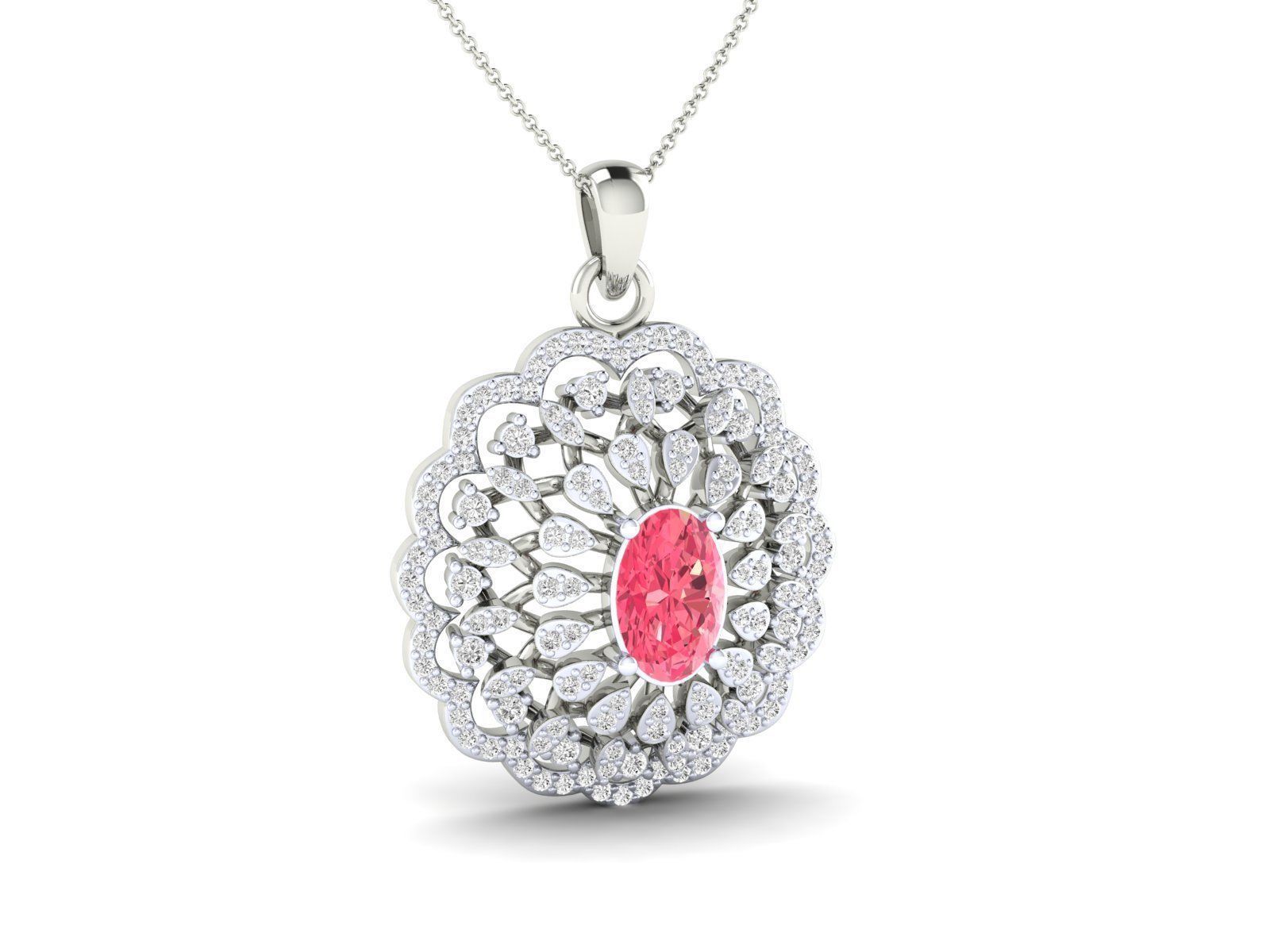 A silver necklace featuring a delicate pink gemstone in a petal design.