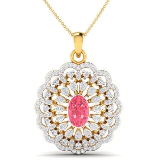 A silver necklace featuring a delicate pink gemstone in a petal design.