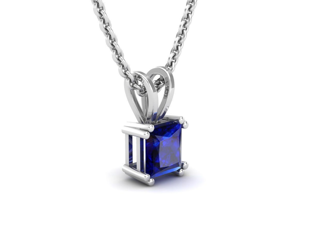 Radiant Silver Sapphire Necklace with square-cut sapphire solitaire.