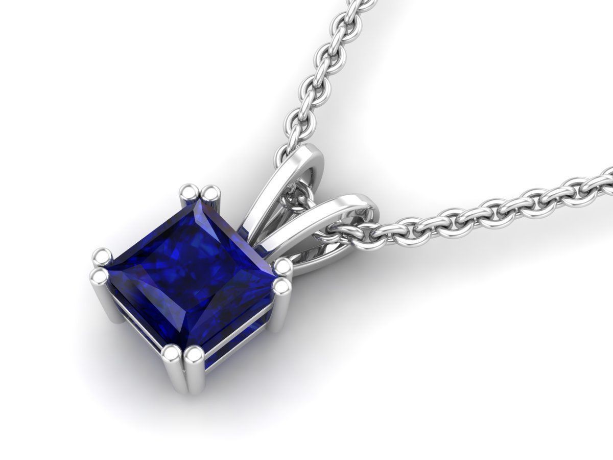 Radiant Silver Sapphire Necklace with square-cut sapphire solitaire.