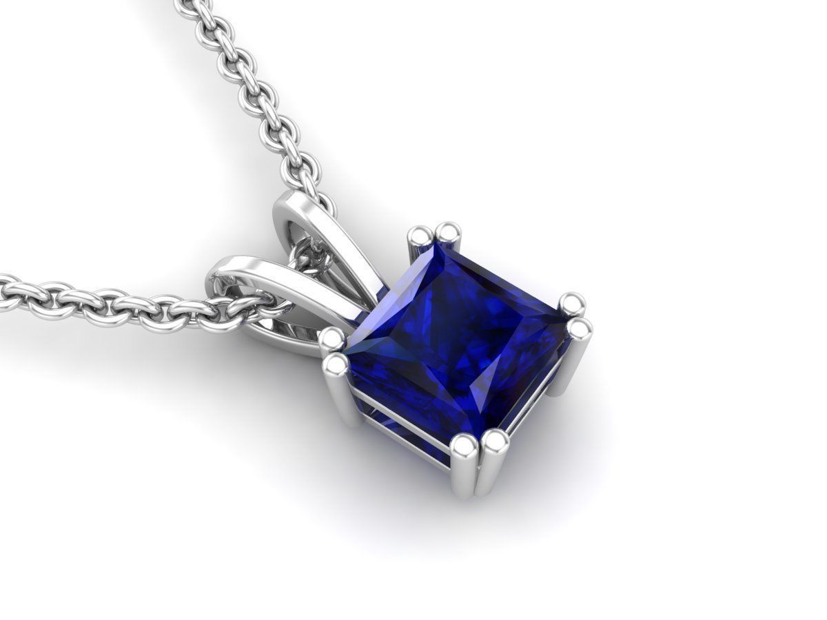 Radiant Silver Sapphire Necklace with square-cut sapphire solitaire.