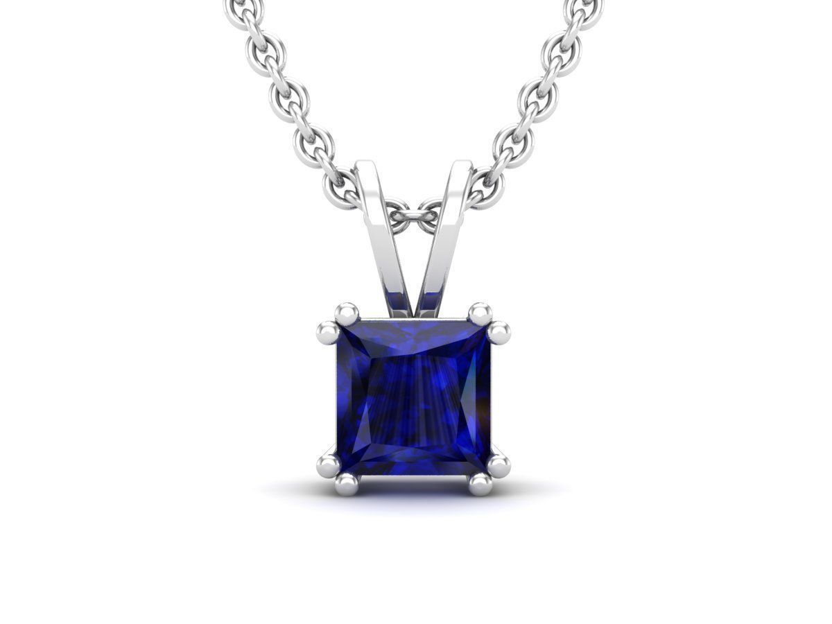 Radiant Silver Sapphire Necklace with square-cut sapphire solitaire.