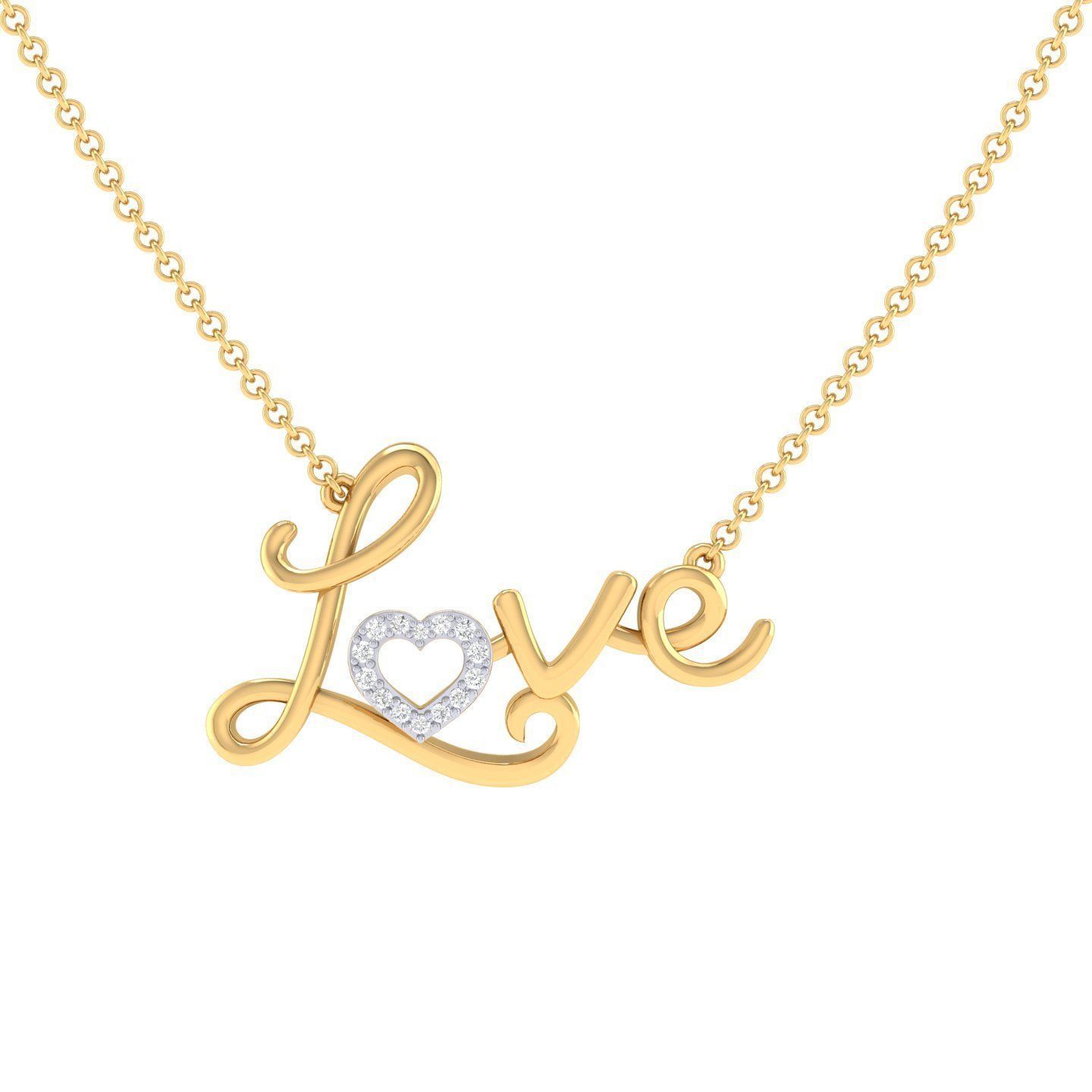 Silver necklace with a cursive ‘love’ pendant featuring a heart shape replacing the letter ‘o’.