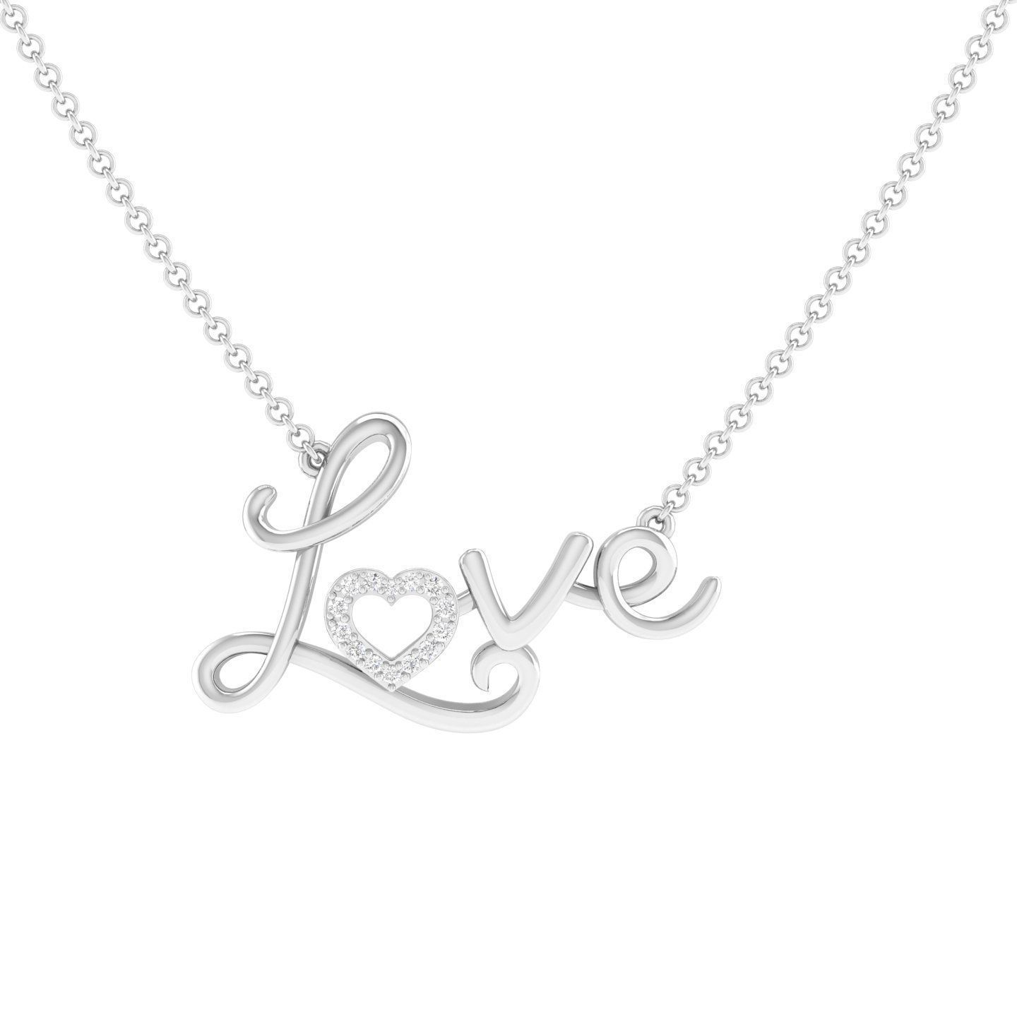 Silver necklace with a cursive ‘love’ pendant featuring a heart shape replacing the letter ‘o’.