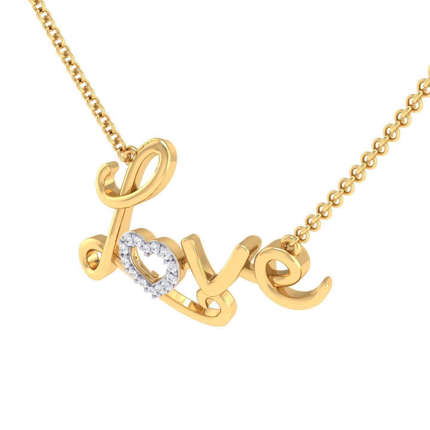 Silver necklace with a cursive ‘love’ pendant featuring a heart shape replacing the letter ‘o’.