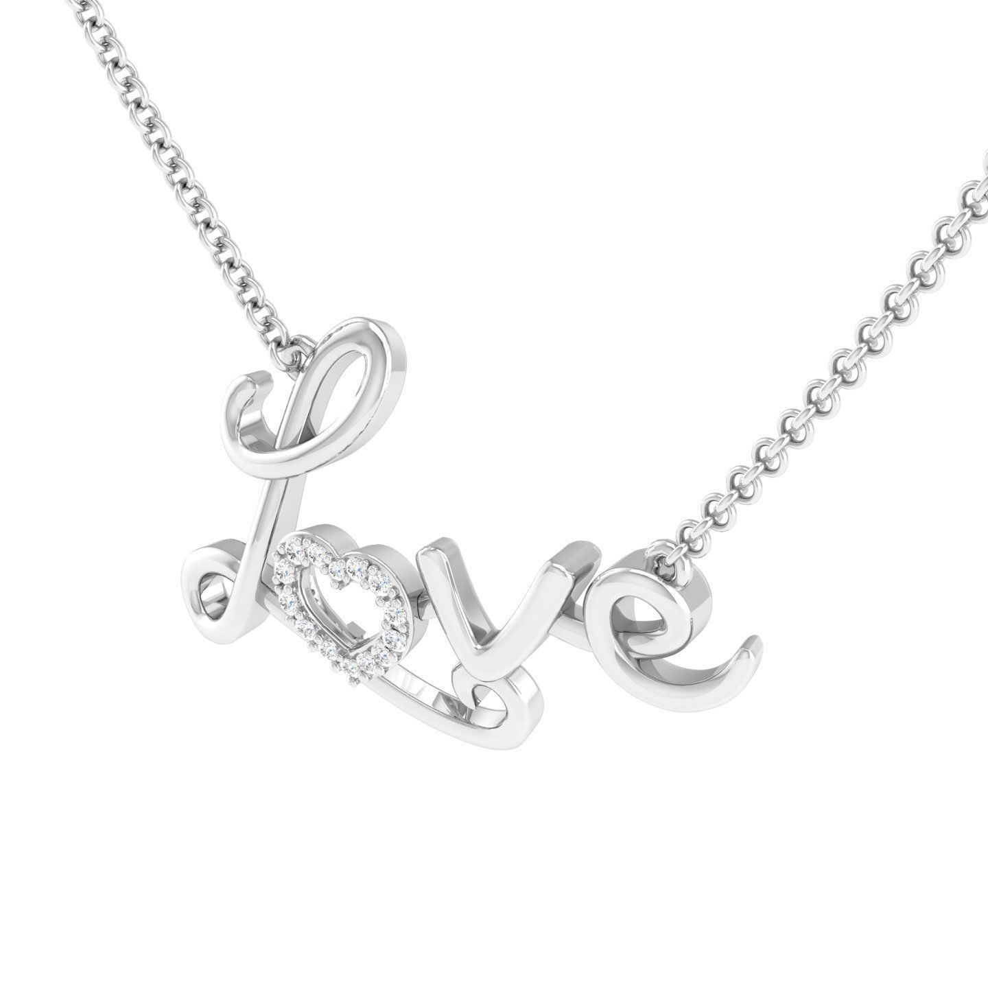 Silver necklace with a cursive ‘love’ pendant featuring a heart shape replacing the letter ‘o’.