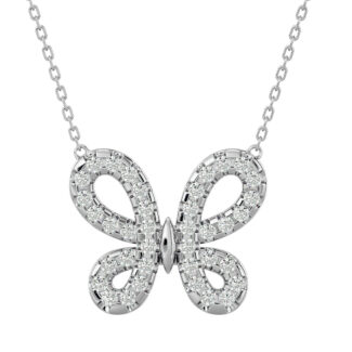 A delicate silver necklace featuring a butterfly pendant adorned with sparkling stones, capturing light with every movement.