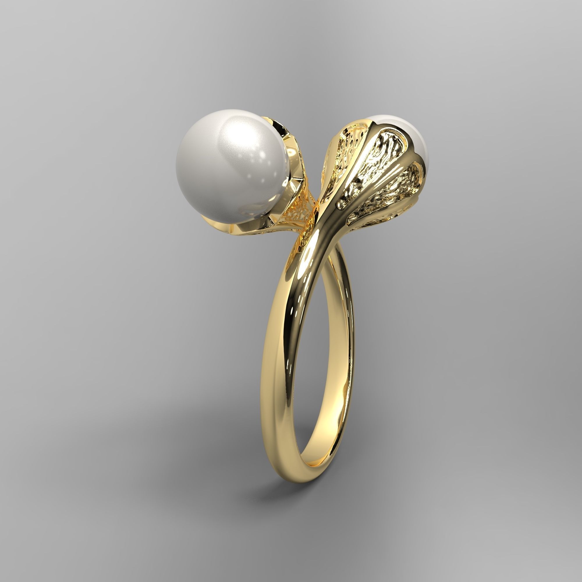 A sophisticated silver ring with two cross-set pearls and intricate detailing.