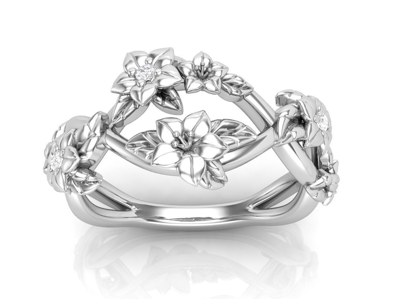 HFS-R066 (13) Intricate Silver Flower Ring featuring detailed floral design.