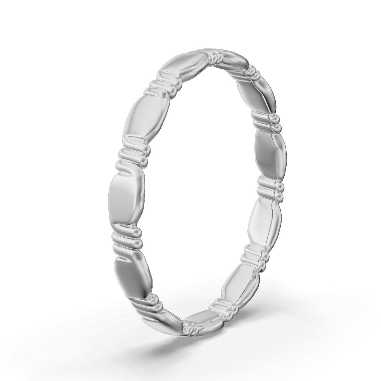 HFS-R069 (11) Modern Curved Silver Ring with an elegant and contemporary design featuring smooth, elongated sections linked together.
