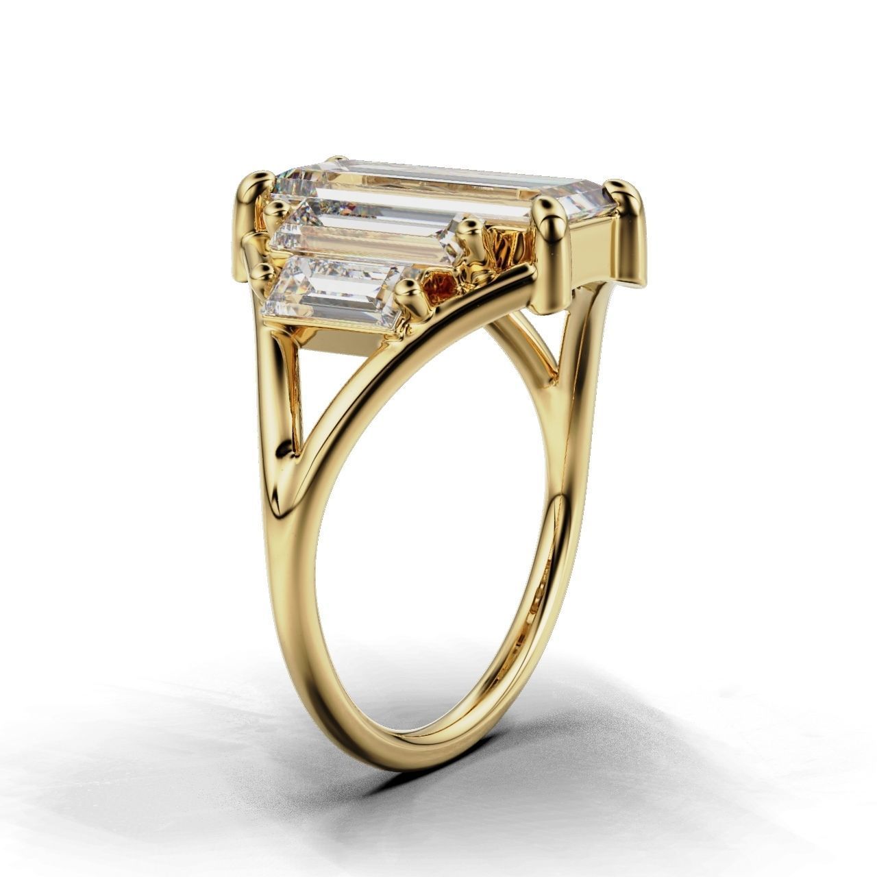 Modern Baguette Silver Ring with an emerald-cut central stone flanked by smaller rectangular stones on a sleek silver ring.