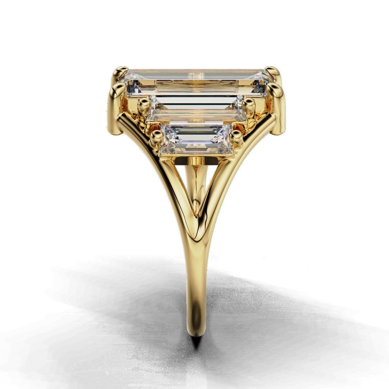 Modern Baguette Silver Ring with an emerald-cut central stone flanked by smaller rectangular stones on a sleek silver ring.