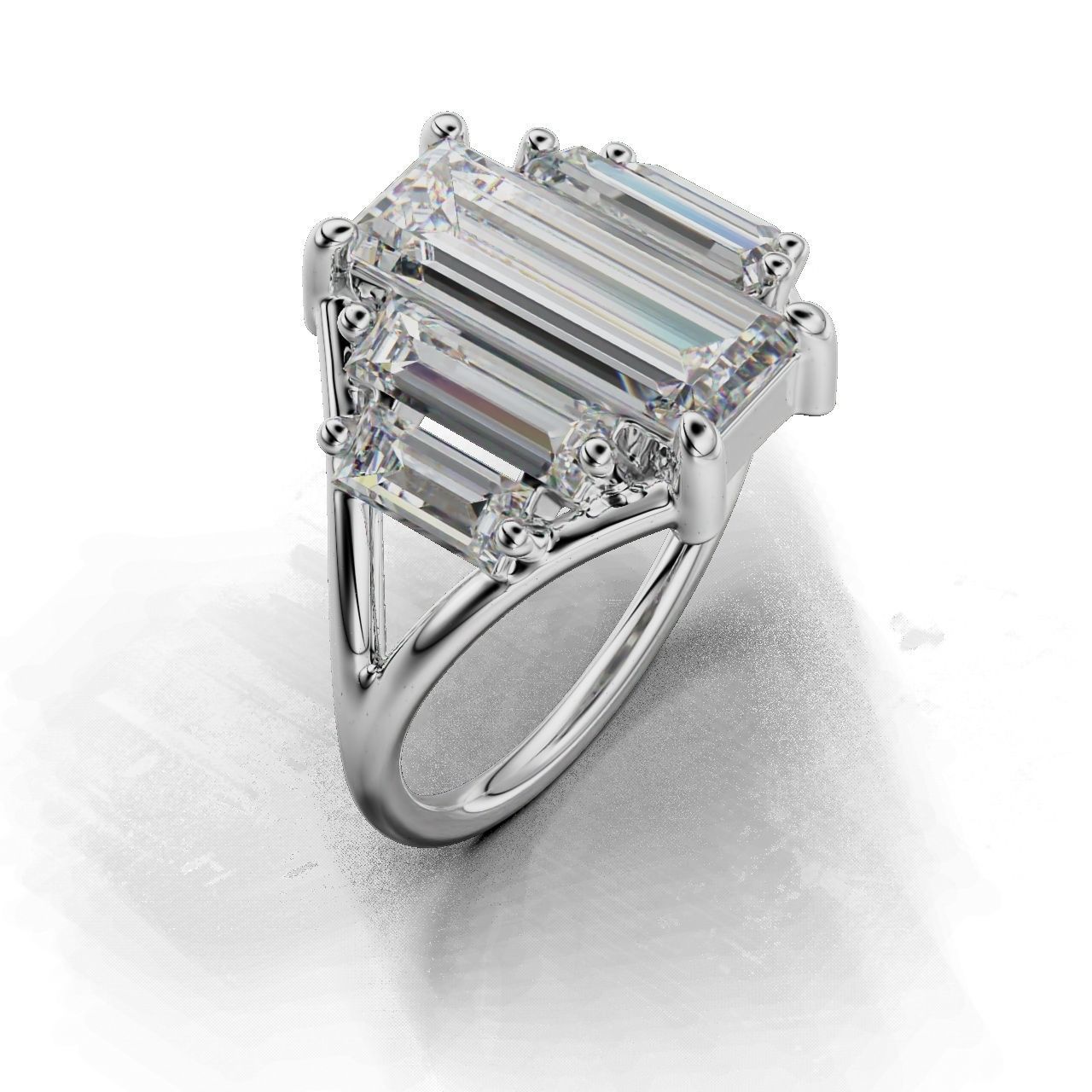 Modern Baguette Silver Ring with an emerald-cut central stone flanked by smaller rectangular stones on a sleek silver ring.