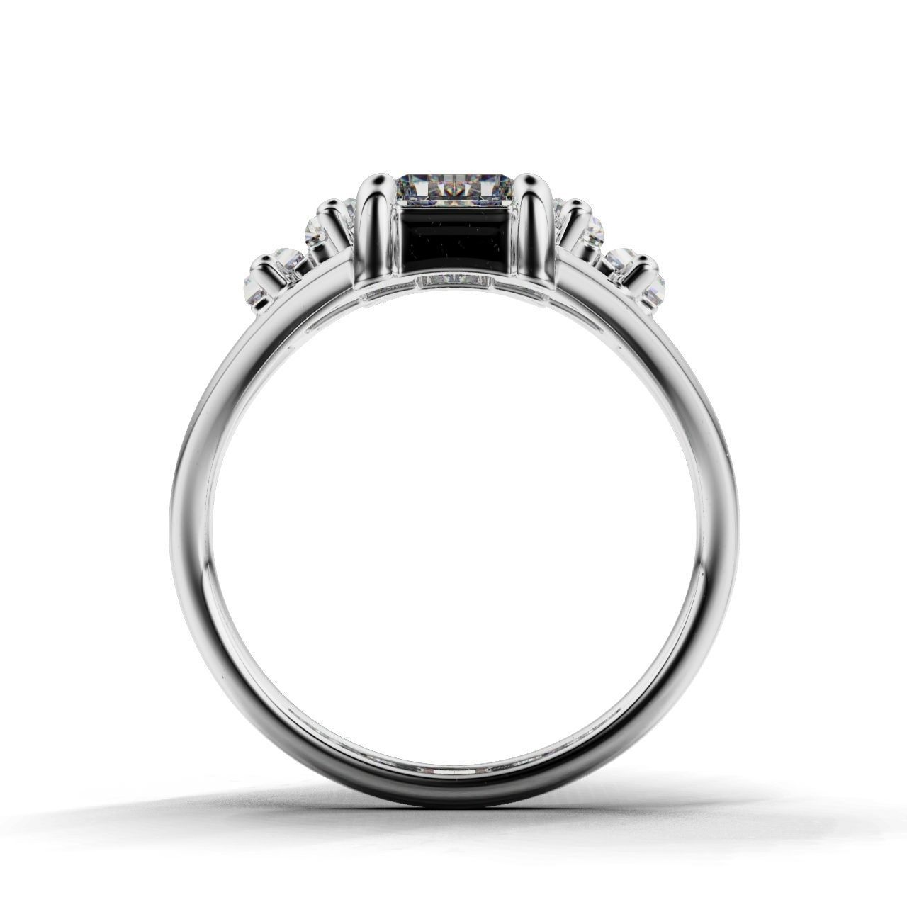 Modern Baguette Silver Ring with an emerald-cut central stone flanked by smaller rectangular stones on a sleek silver ring.