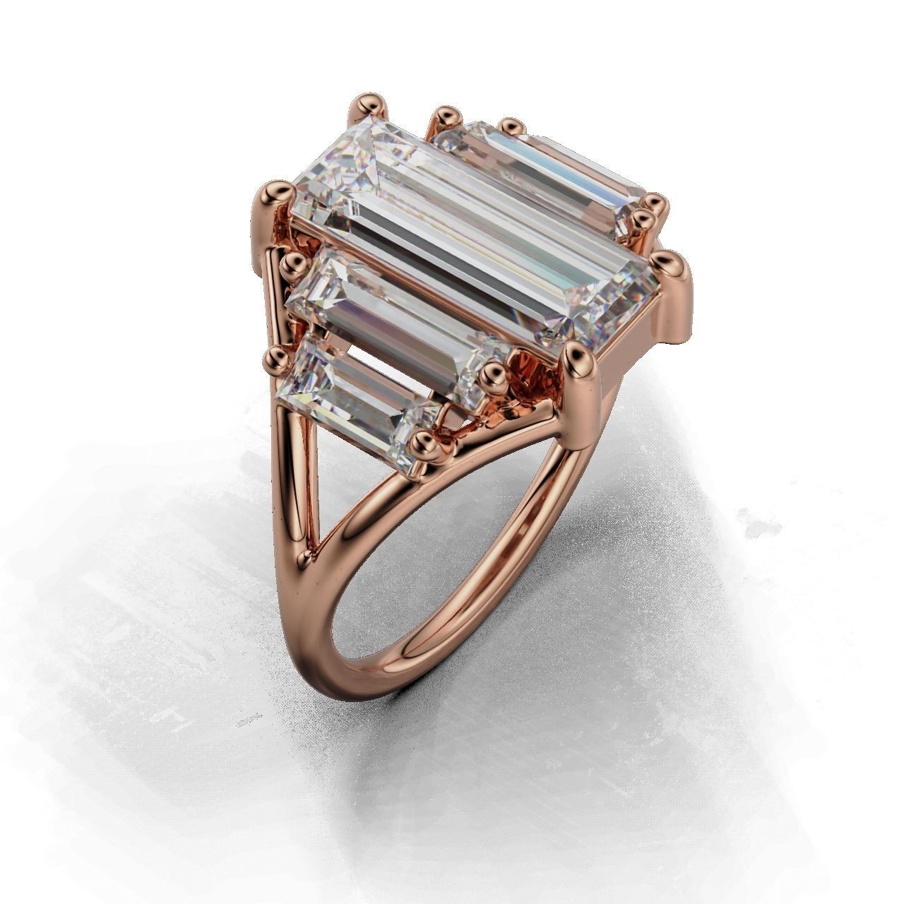 Modern Baguette Silver Ring with an emerald-cut central stone flanked by smaller rectangular stones on a sleek silver ring.