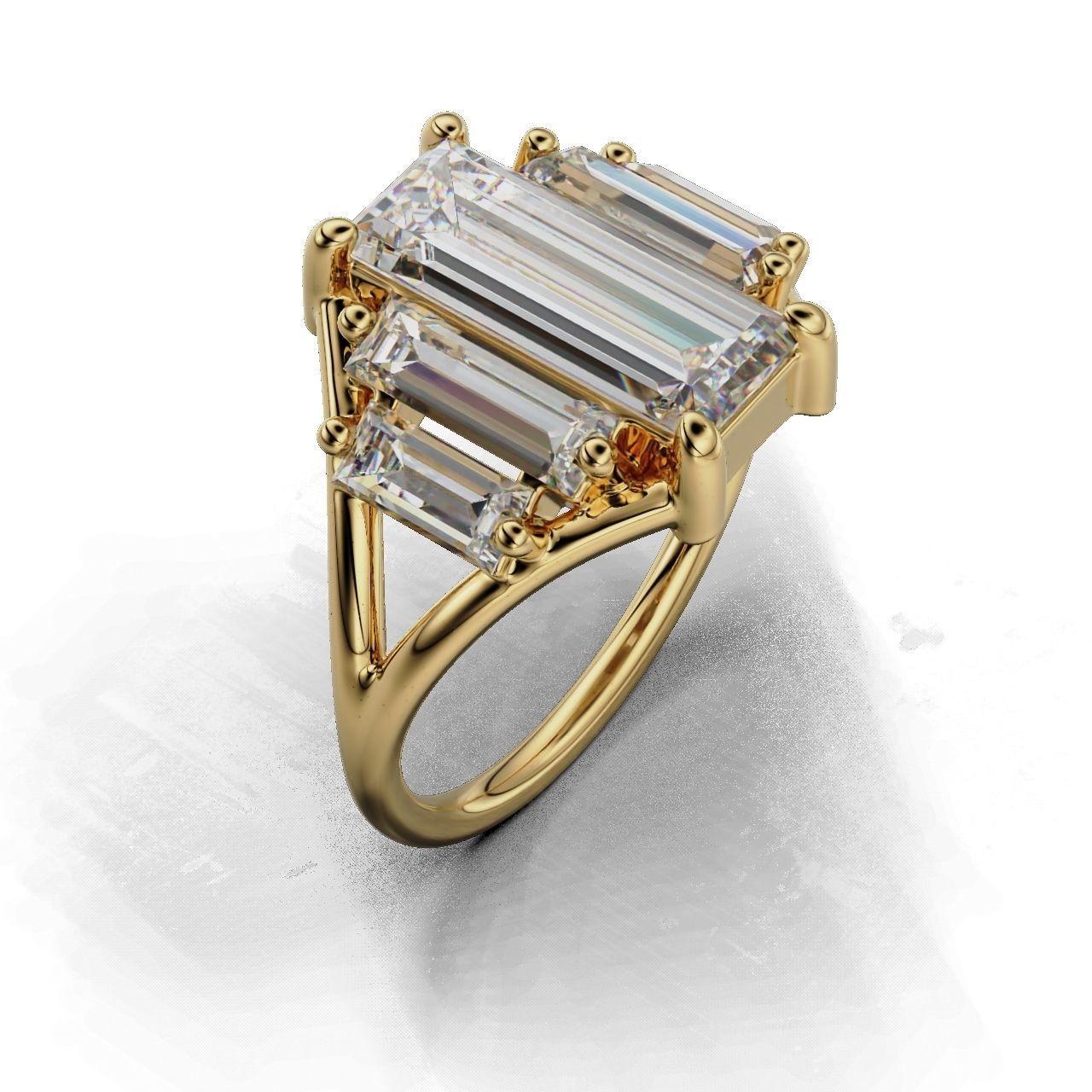 Modern Baguette Silver Ring with an emerald-cut central stone flanked by smaller rectangular stones on a sleek silver ring.