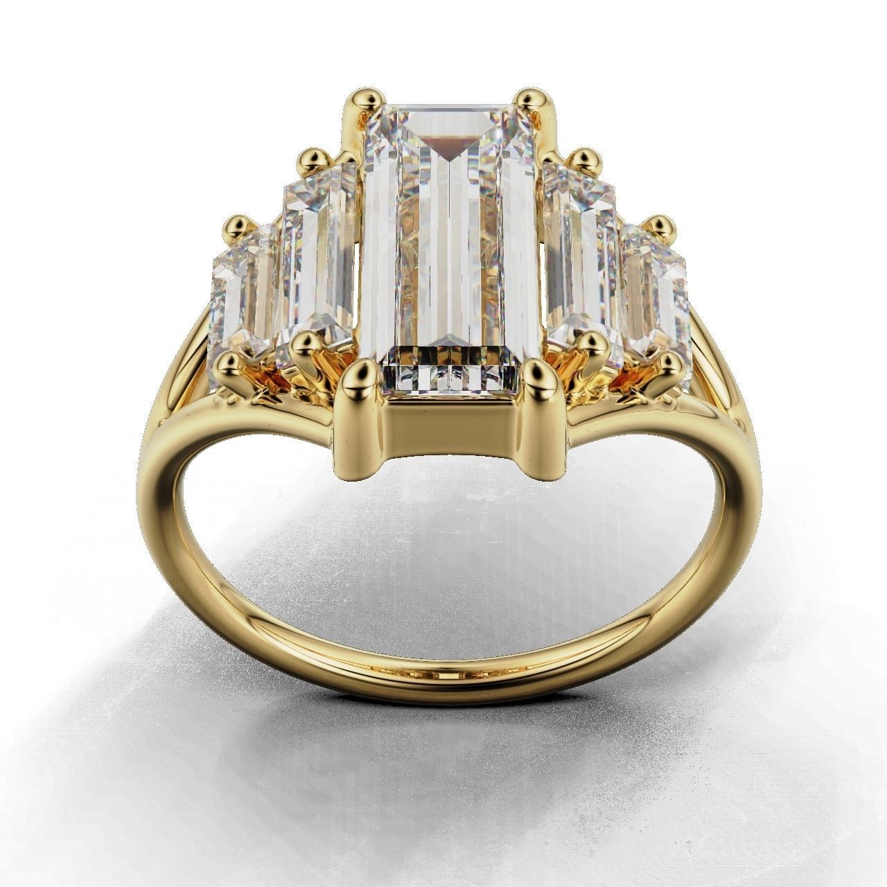 Modern Baguette Silver Ring with an emerald-cut central stone flanked by smaller rectangular stones on a sleek silver ring.