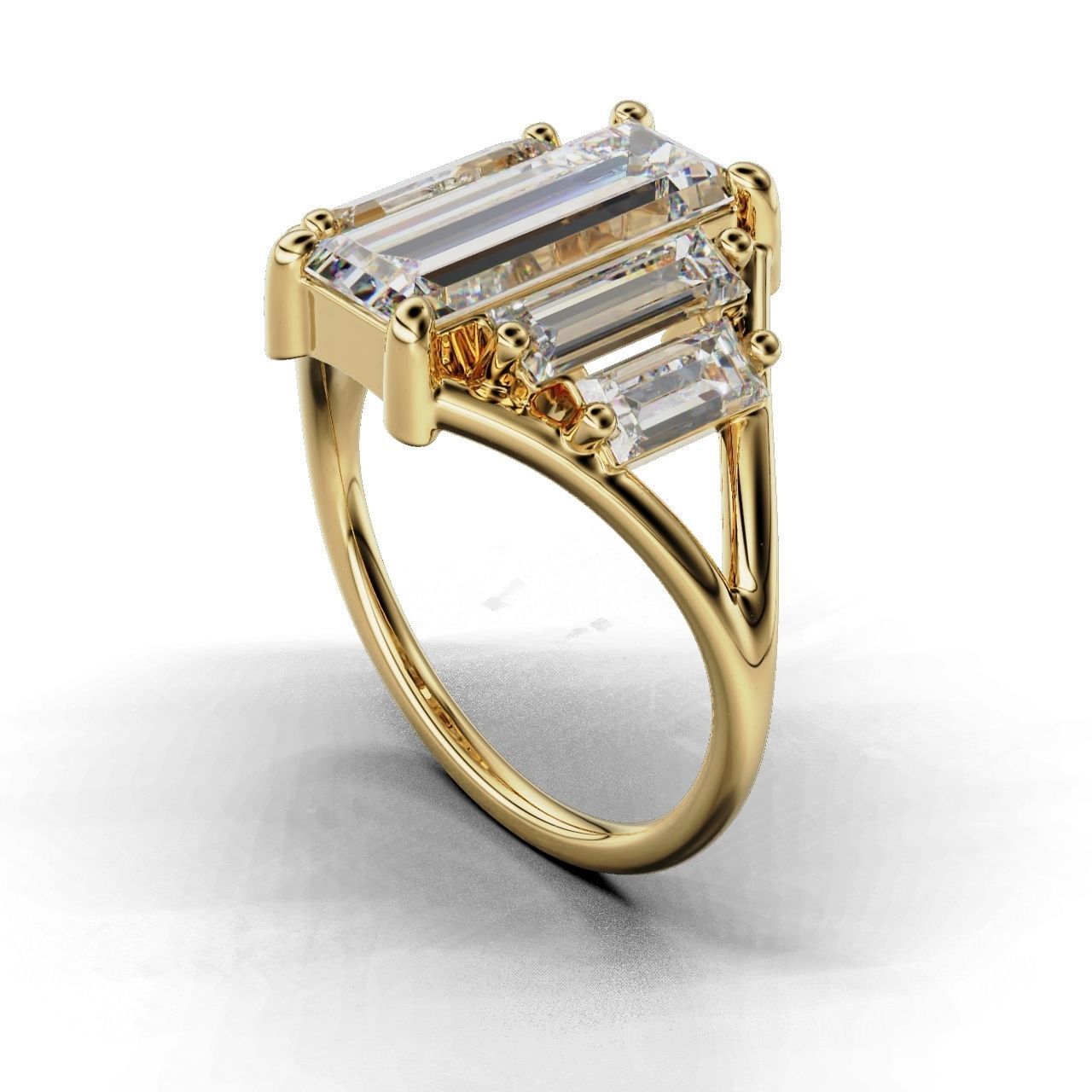 Modern Baguette Silver Ring with an emerald-cut central stone flanked by smaller rectangular stones on a sleek silver ring.
