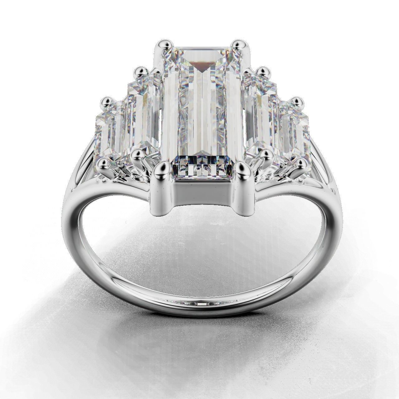 Modern Baguette Silver Ring with an emerald-cut central stone flanked by smaller rectangular stones on a sleek silver ring.