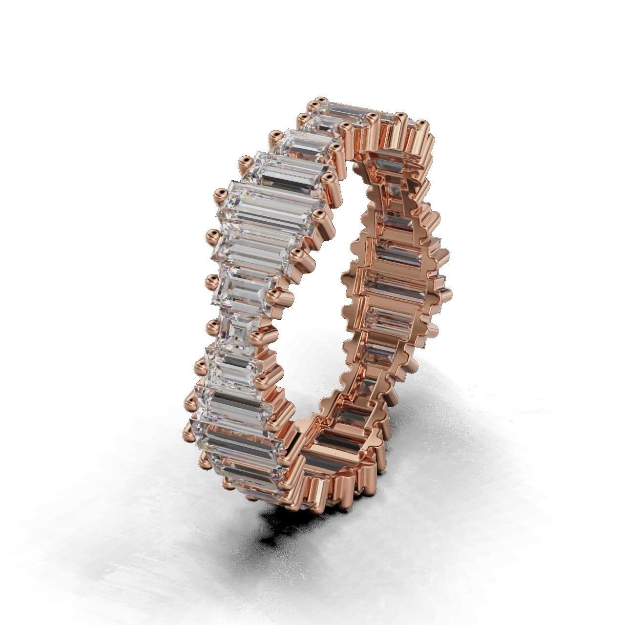 Elegant silver ring with baguette-cut stones in a continuous band.