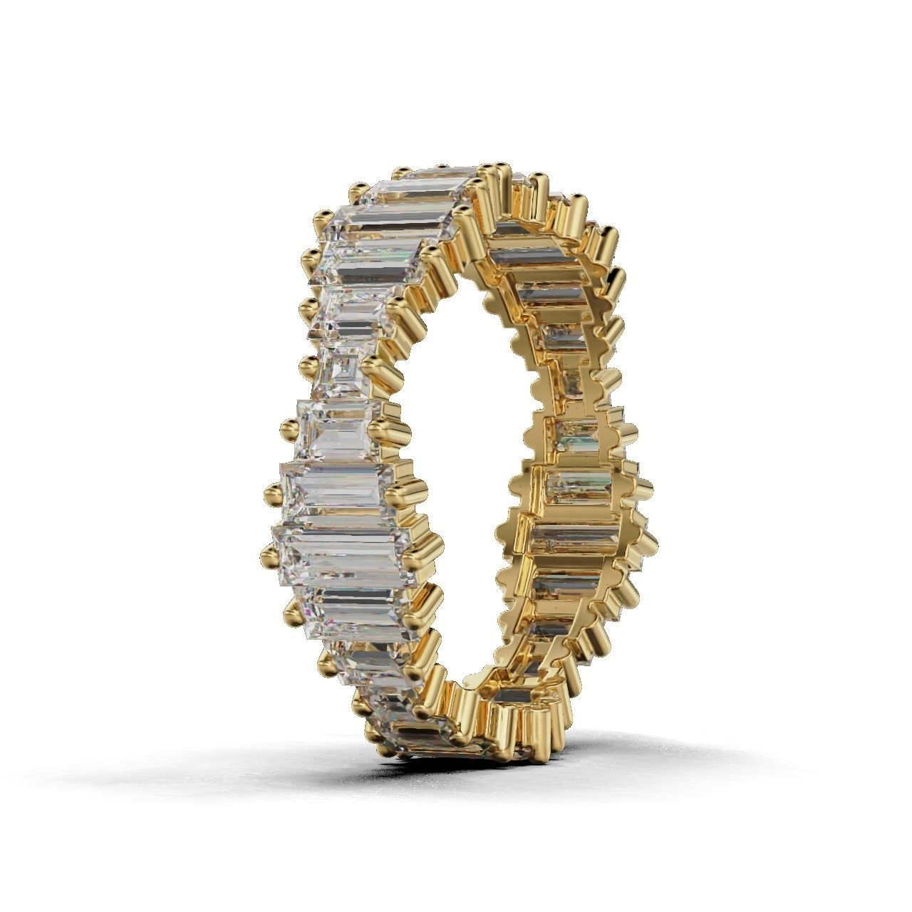 Elegant silver ring with baguette-cut stones in a continuous band.